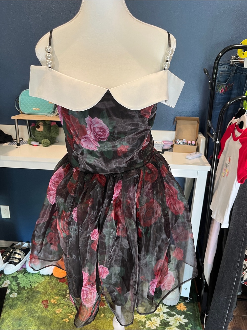 NWOT Sugar Thrillz Floral Organza Party Dress with Pearl Straps - Black & Pink